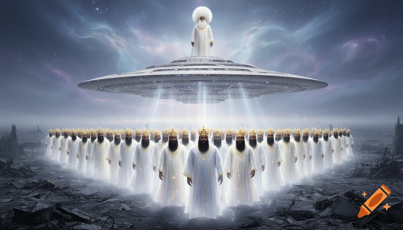 A white-robed man with a white afro stands on a UFO, beaming down many identical men with beards and crowns onto a destroyed Earth.
