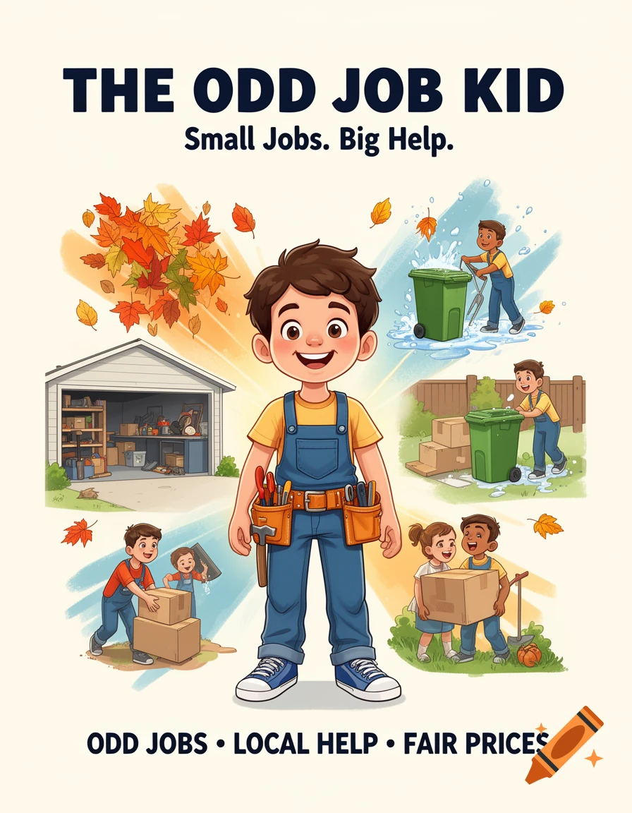 Colorful illustration of 'The Odd Job Kid,' a cheerful boy in a tool belt surrounded by scenes of him doing chores.