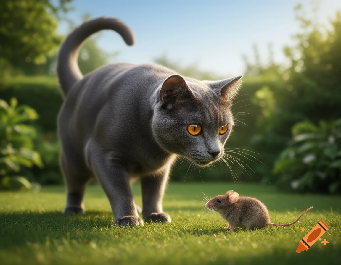 A photorealistic gray cat with orange eyes stares intently at a small brown mouse on lush green grass in a sunny garden.