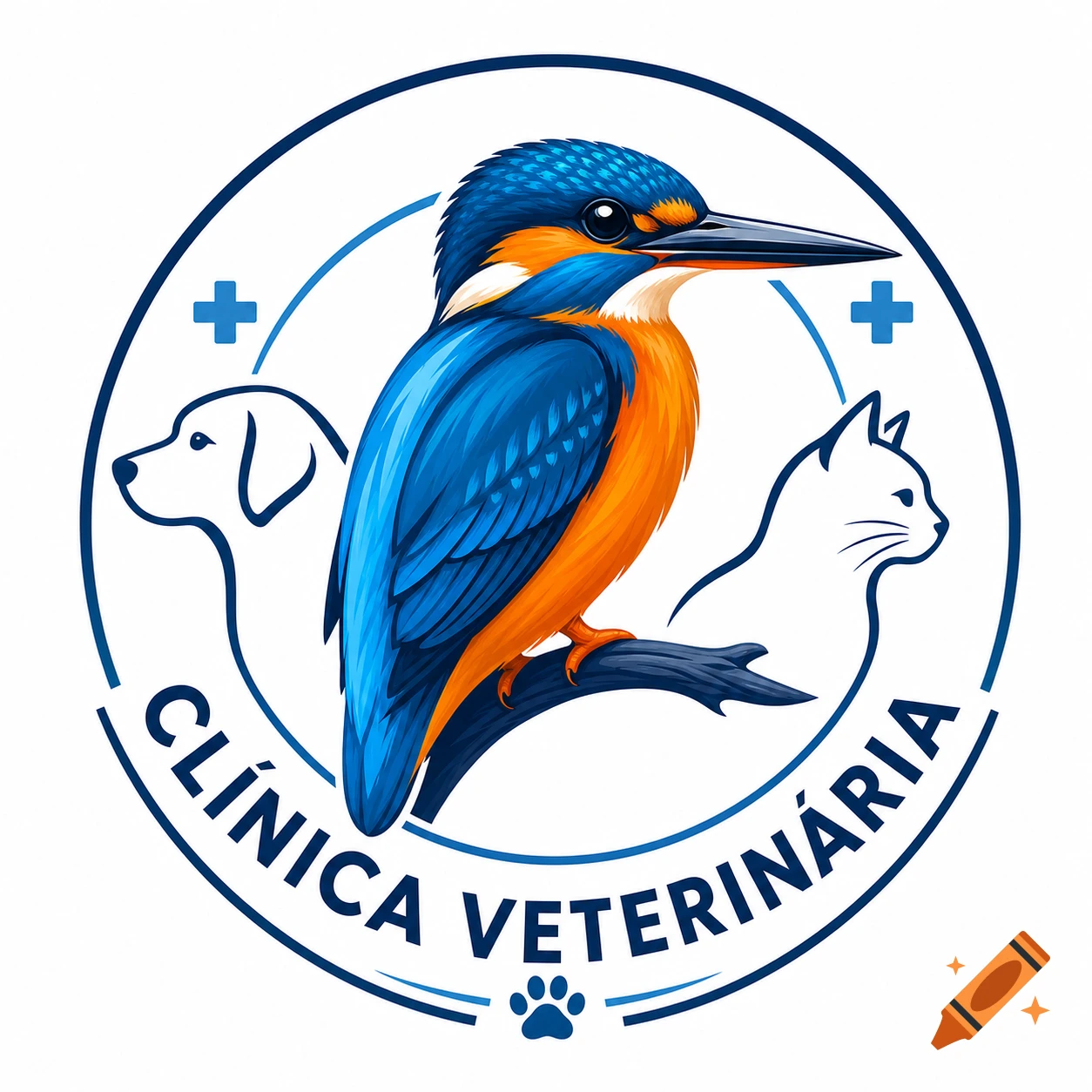 A circular blue and orange logo for a veterinary clinic featuring a kingfisher, a dog's head, a cat's head, and the text 'CLÍNICA VETERINÁRIA'.