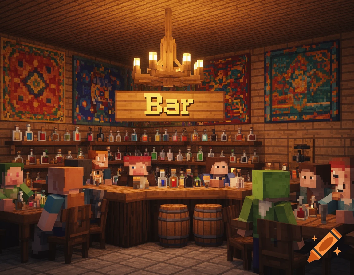 A cozy Minecraft-style bar scene with blocky characters, a well-stocked bar, and a wooden chandelier under a "Bar" sign.