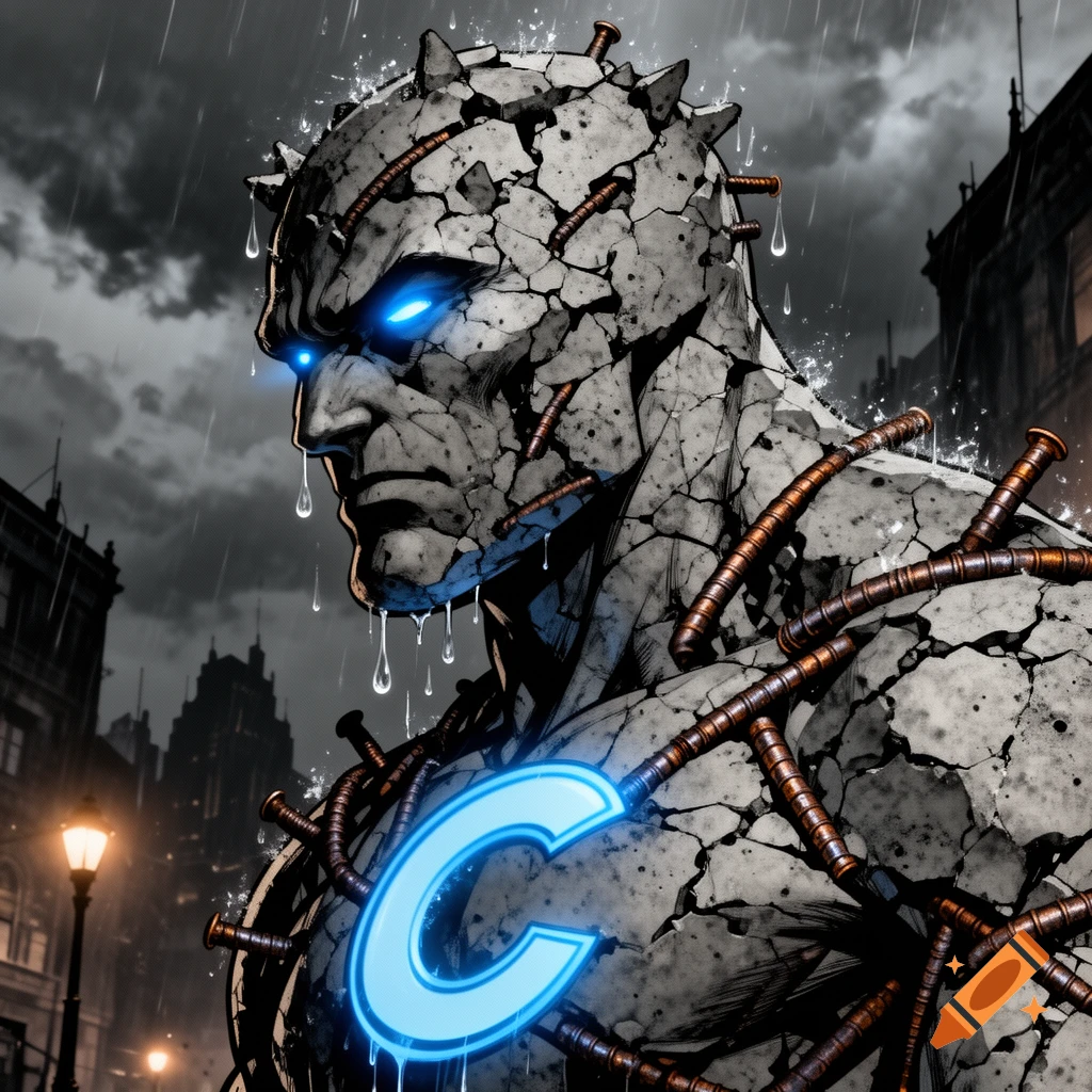 Comic book art of Man of Cement, a superhero made of cracked concrete and steel rebar, with glowing blue eyes and a 'C' logo, in a rainy Gotham city.