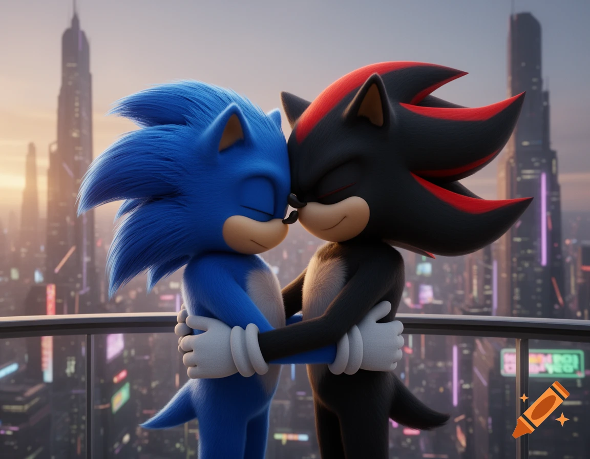 Blue Sonic and black Shadow cuddle on a city skyscraper balcony at sunset in a 3D animated style.
