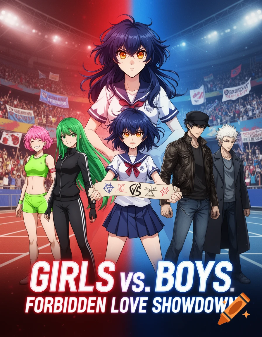 An anime movie poster featuring two large main characters, a girl and a boy, facing each other with a blue and red background. In front of them are smaller groups of anime girls on the left and boys on the right, all in a sports arena. The text reads "GIRLS vs. BOYS. FORBIDDEN LOVE SHOWDOWN."