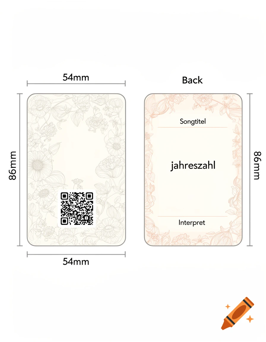 Two rectangular cards with floral designs, showing front with a QR code placeholder and back with 'Songtitel', 'jahreszahl', 'Interpret', with dimensions 54mm by 86mm.