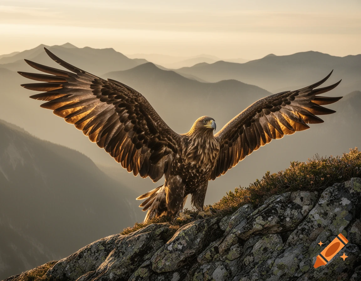 A majestic golden eagle with outstretched wings perched on a rocky mountain at sunrise, photorealistic.