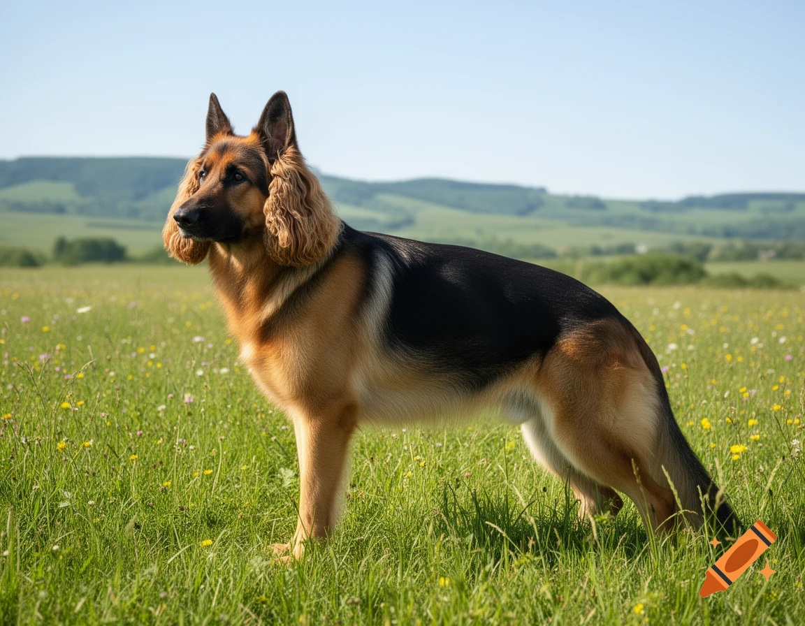 A German Shepherd dog with long, curly fur around its ears stands in a sunny green field with hills in the background.
