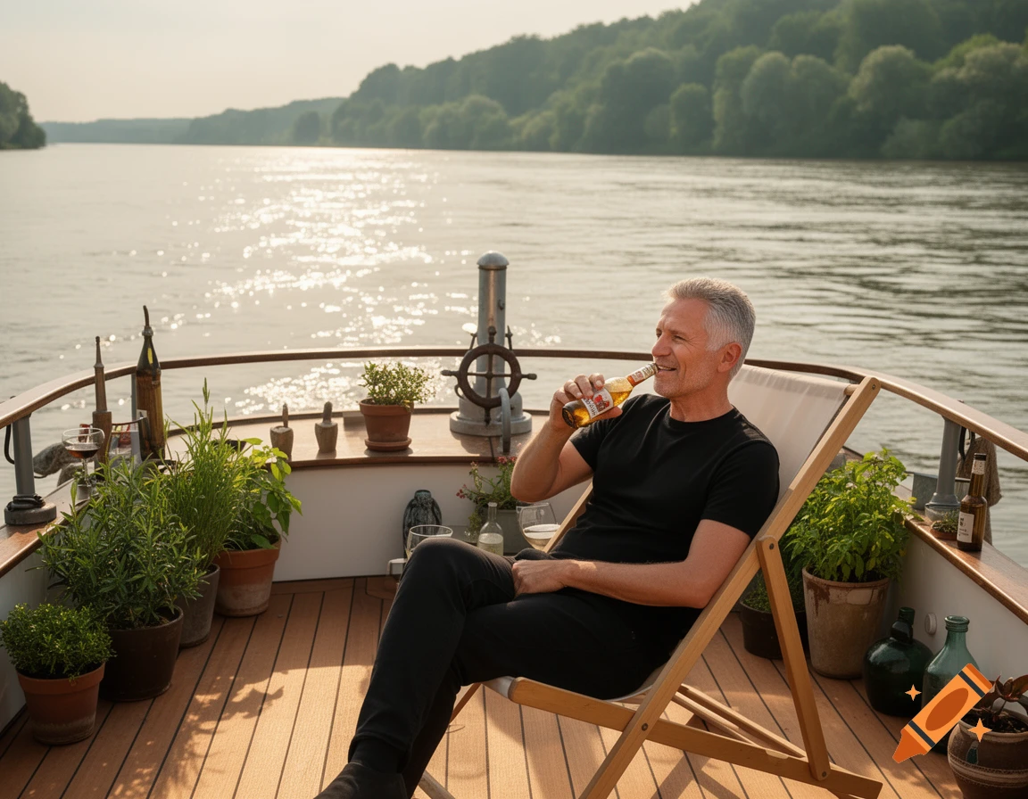 A smiling, grey-haired man in a black t-shirt relaxes in a deck chair on a houseboat, drinking a beer with a river and trees in the background.