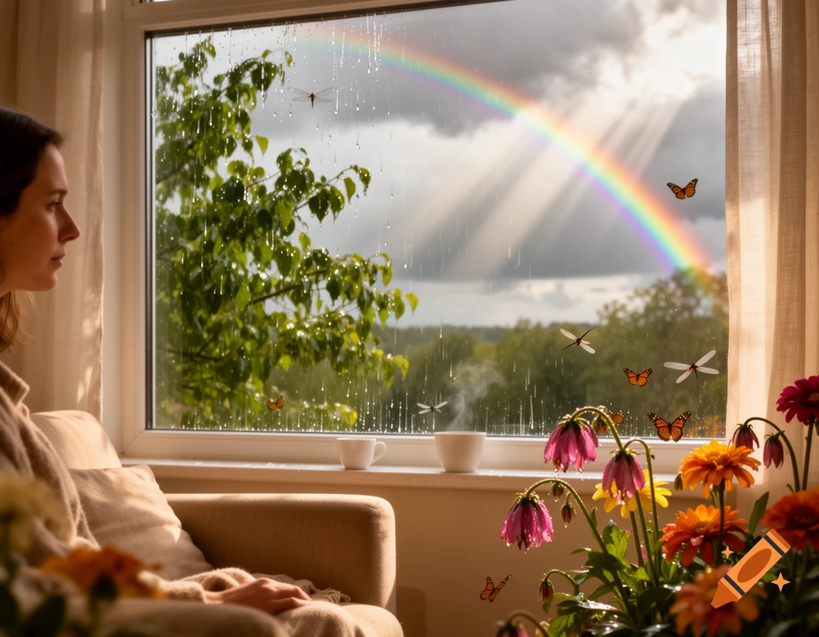 A woman sits by a window, looking out at a rainy scene with a vibrant rainbow, green trees, colorful flowers, and flying insects.