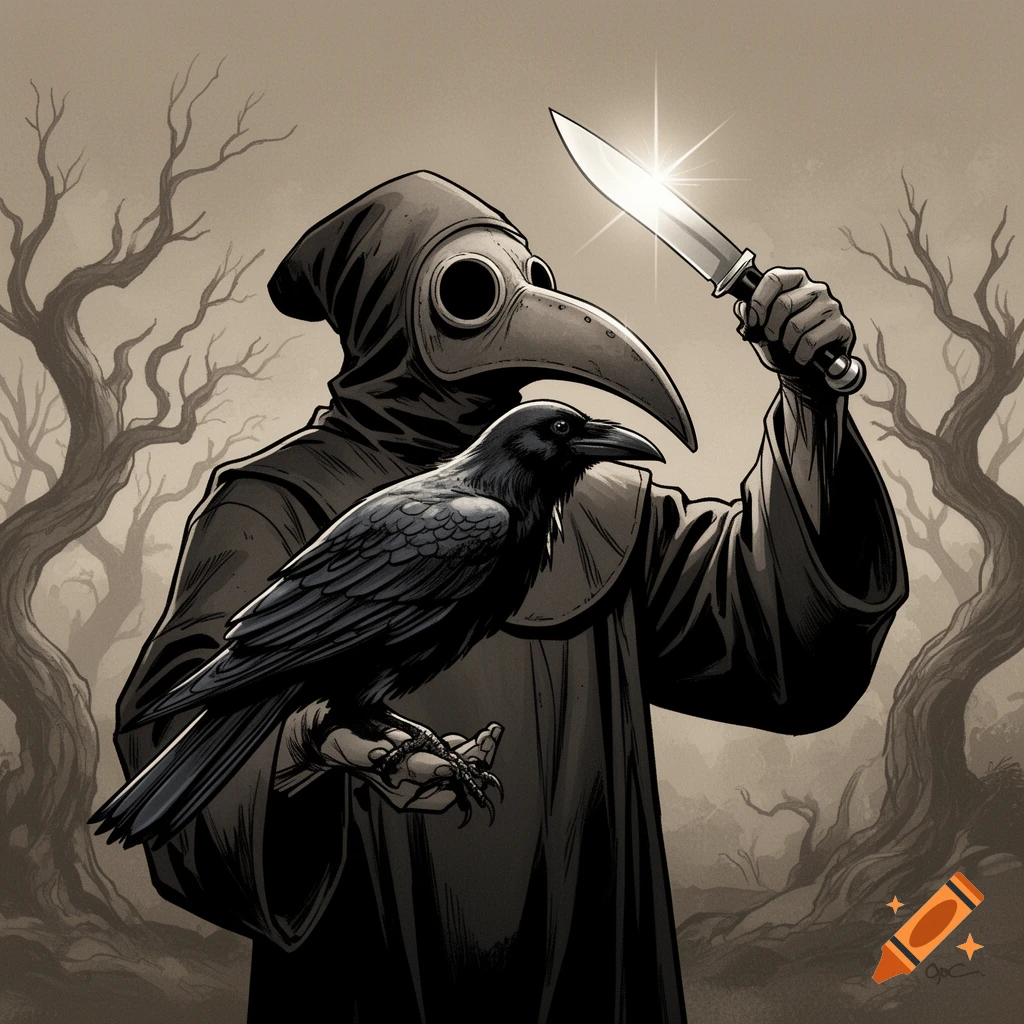 A comic-style plague doctor in a dark robe and mask holds a crow in one hand and a shining knife in the other, amidst bare trees.