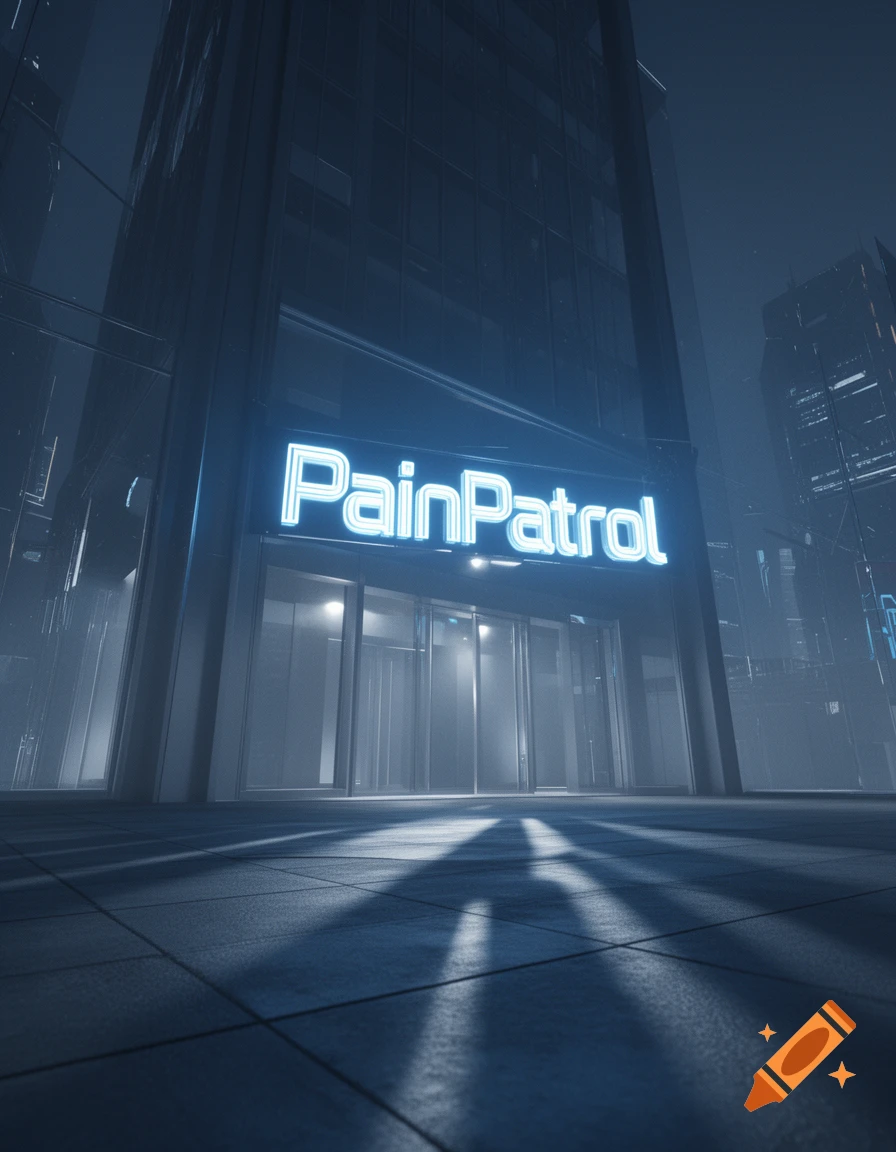 A low-angle shot of a dark, futuristic skyscraper at night, with a glowing blue neon sign that reads "PainPatrol" above the entrance. Light streaks across the wet ground.