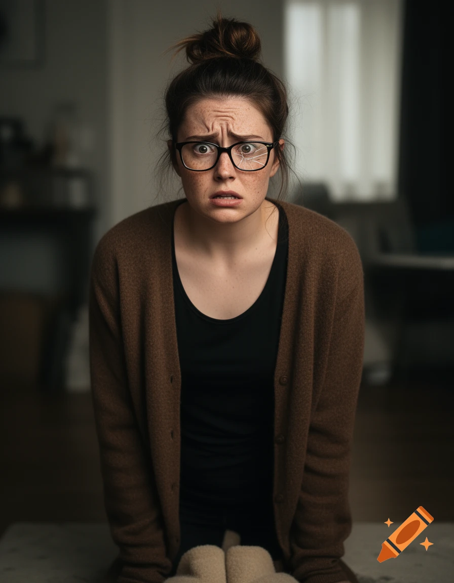 A woman with freckles, messy bun, and cracked glasses looks worried and paranoid in a photorealistic style.