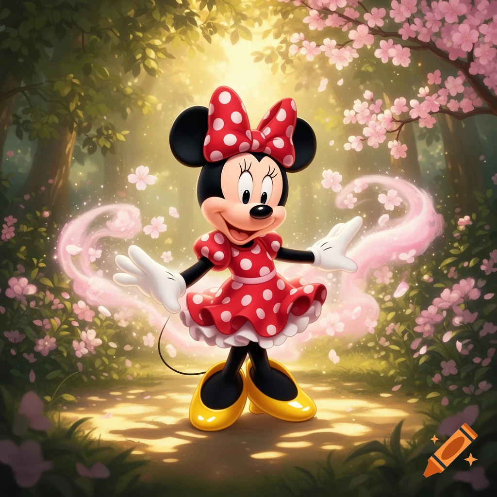 Minnie Mouse in a red polka-dot dress and bow, smiling brightly amidst a magical forest with pink cherry blossoms and glowing light.