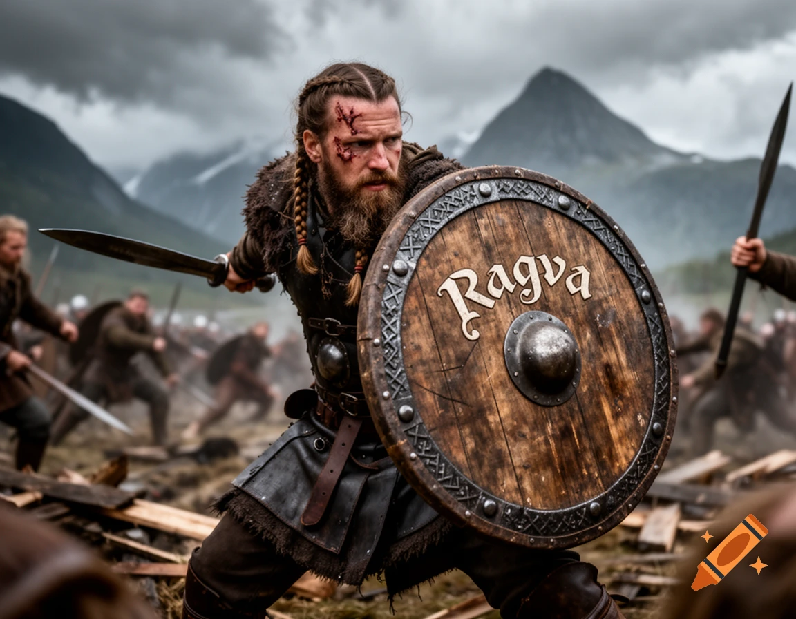 A determined Viking warrior with blood on his face holds a shield with 'Ragva' on it, amidst a battle in a mountainous landscape.
