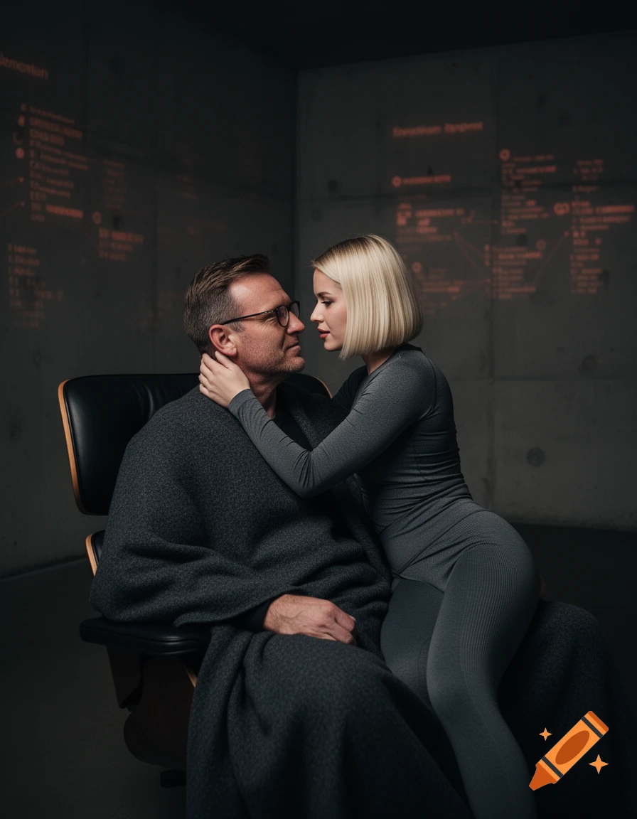 Photorealistic portrait of a couple in a dim brutalist lounge with projected data on walls, woman sitting on man's lap.
