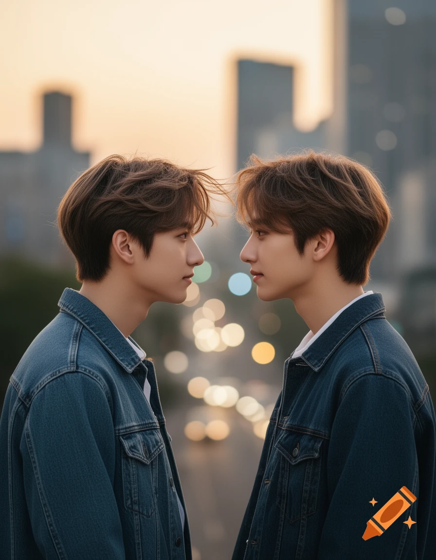 Two young men in denim jackets gaze intently at each other, silhouetted against a blurred city sunset.
