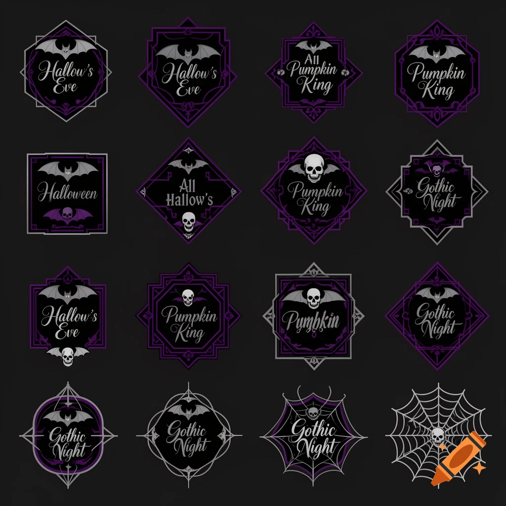 A grid of gothic Halloween badges with bats, skulls, and spiderwebs, featuring text like 'Hallow's Eve' and 'Gothic Night'.