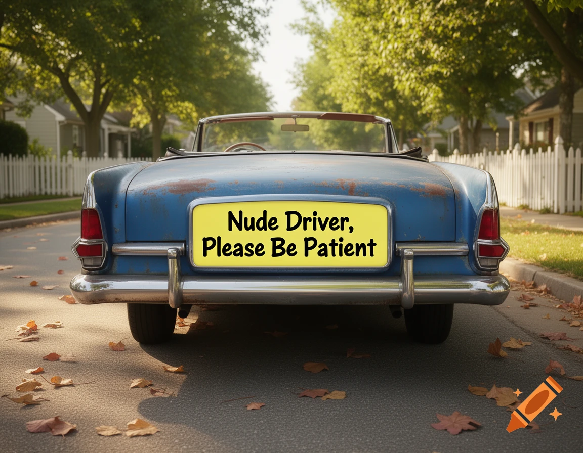 A blue vintage convertible car with rust, parked on a tree-lined street. A yellow bumper sticker reads 'Nude Driver, Please Be Patient'.