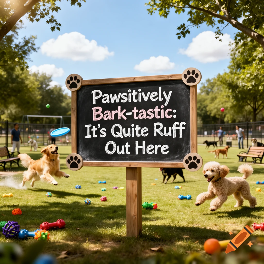 Two dogs leap in a sunny dog park with a sign reading 'Pawsitively Bark-tastic: It's Quite Ruff Out Here', surrounded by toys.