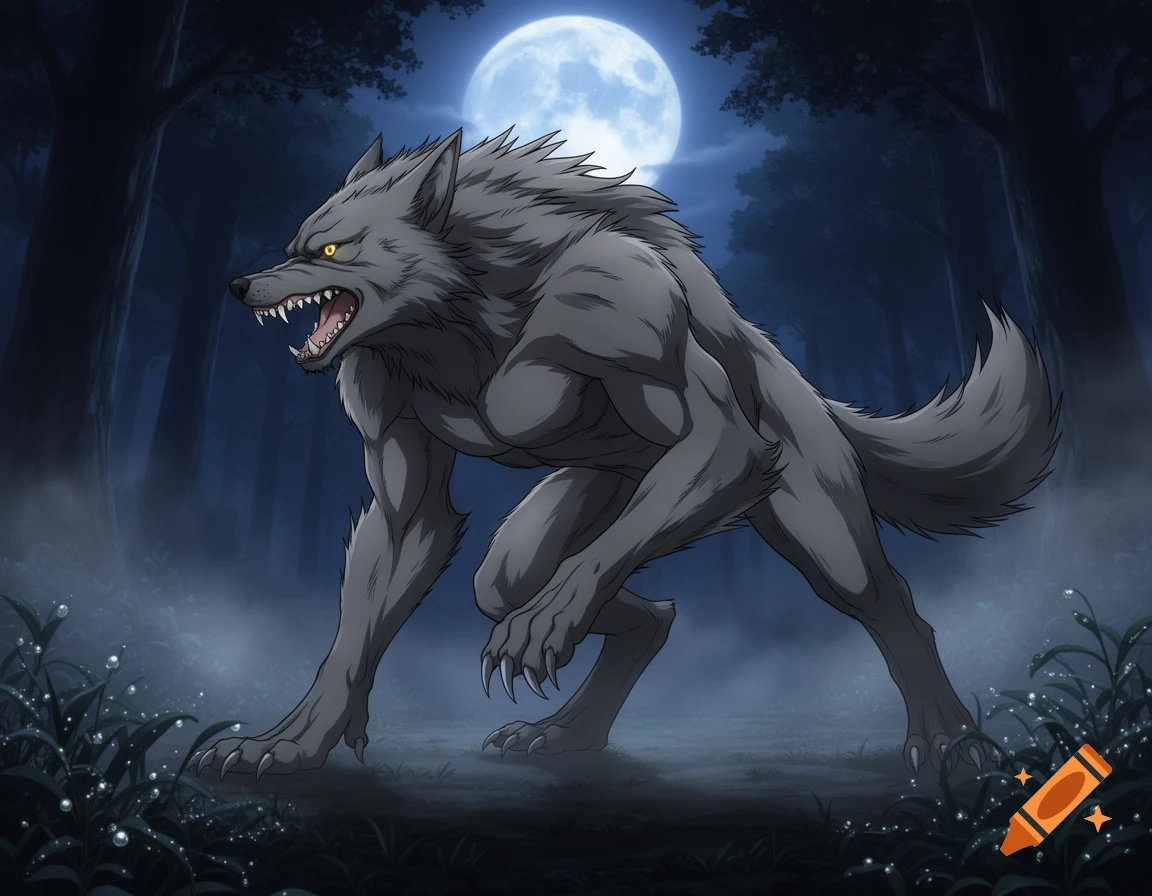 An anime-style gray werewolf snarls, with yellow eyes and sharp claws, in a dark, misty forest under a full moon.