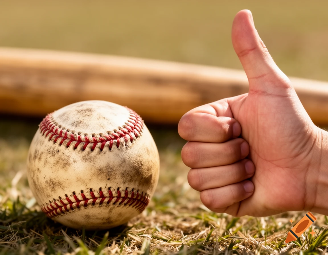 A dirty baseball on green grass with a wooden bat in the background and a hand giving a thumbs-up.