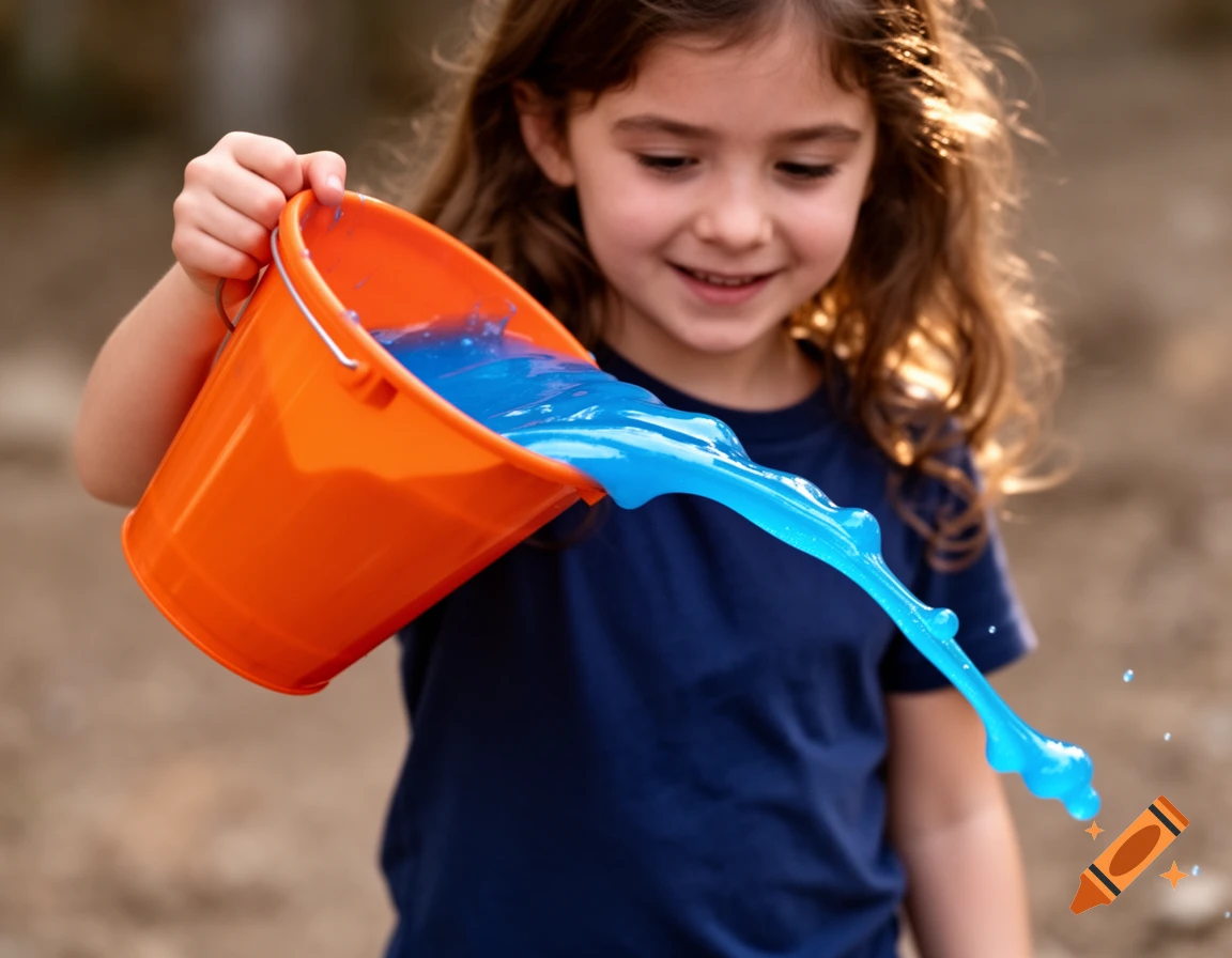 Young girl pouring bright blue slime from an orange bucket, smiling.