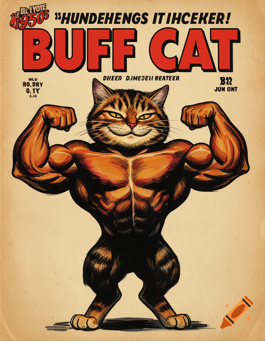 A retro 1950s pulp art magazine cover features a muscular, flexing tabby cat with a smug expression, under the bold title "BUFF CAT".