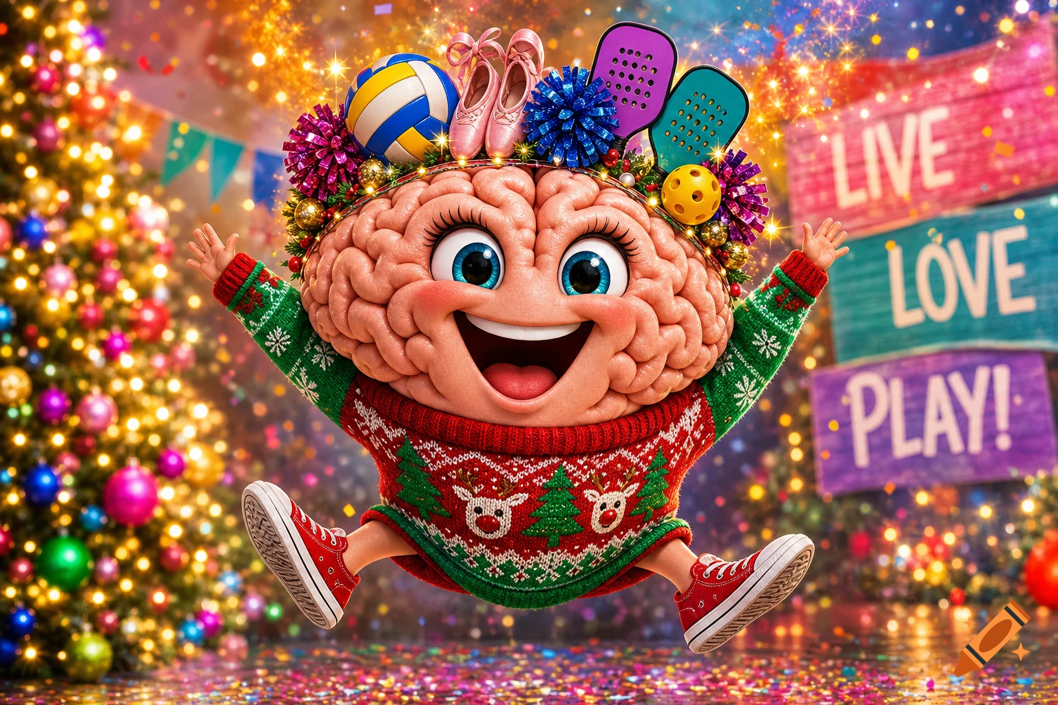 A joyful cartoon brain mascot wearing a Christmas sweater and sports gear, jumping amidst festive lights and confetti.