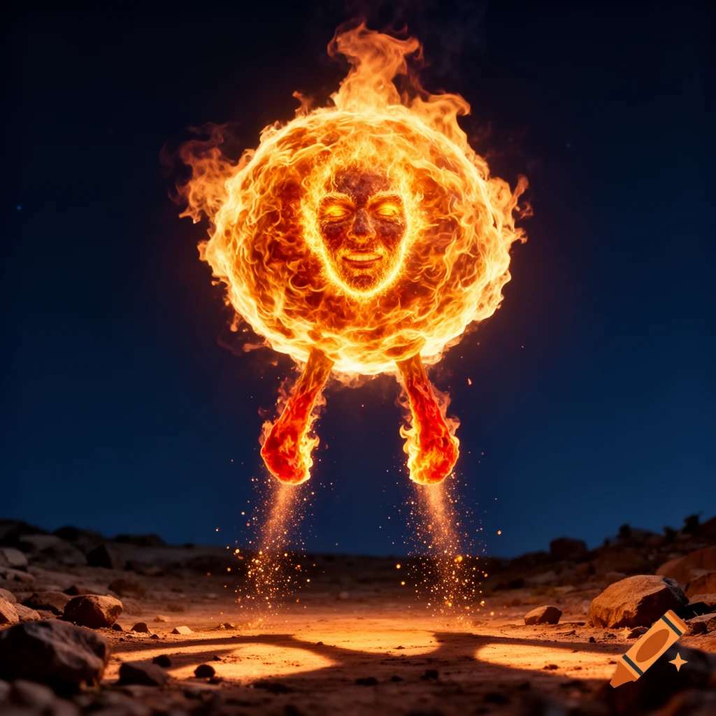 A glowing, anthropomorphic fireball with a face and legs hovers above a dark, rocky landscape, emitting bright sparks.