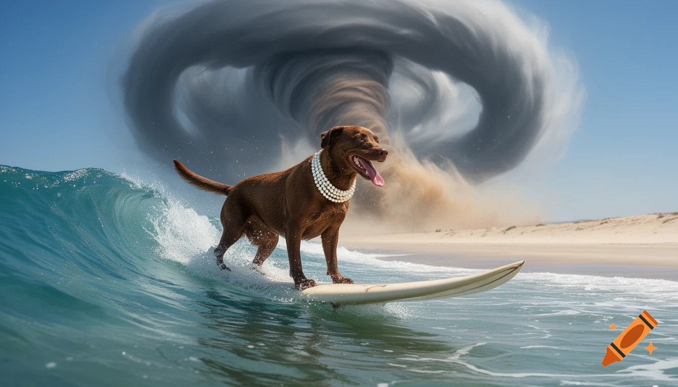 A brown dog wearing a pearl necklace surfs a wave on a sunny beach, with a large sand-churning tornado behind it.