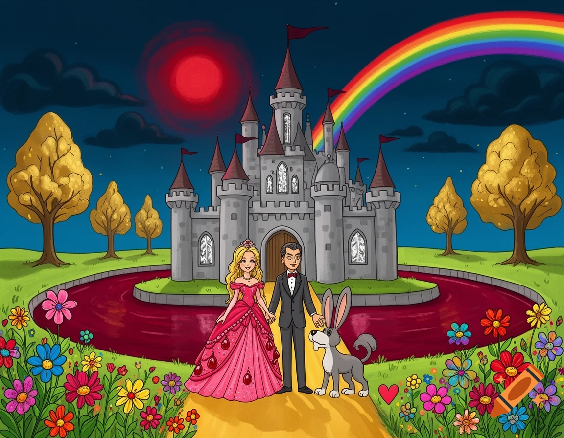 A cartoon princess and a man in a suit hold hands with a bunny in front of a castle surrounded by red water, under a red moon and rainbow.
