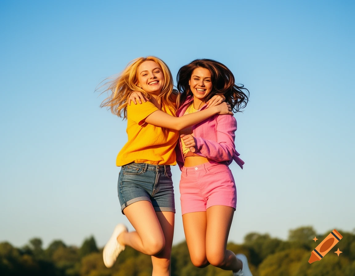 Two smiling young women, one blonde and one brunette, jump and hug outdoors under a clear blue sky.