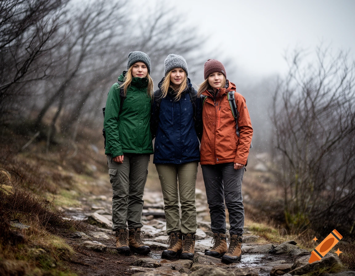 Three young women in winter hiking gear stand on a rocky trail in a misty forest on a cold, rainy day.