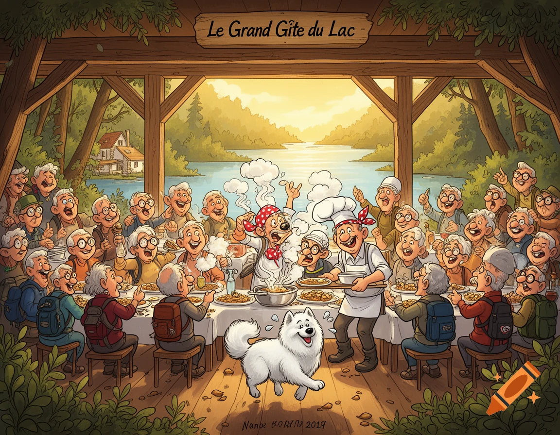 A cheerful cartoon shows many elderly hikers dining at 'Le Grand Gîte du Lac' by a lake, served by chefs, with a white Samoyed dog.