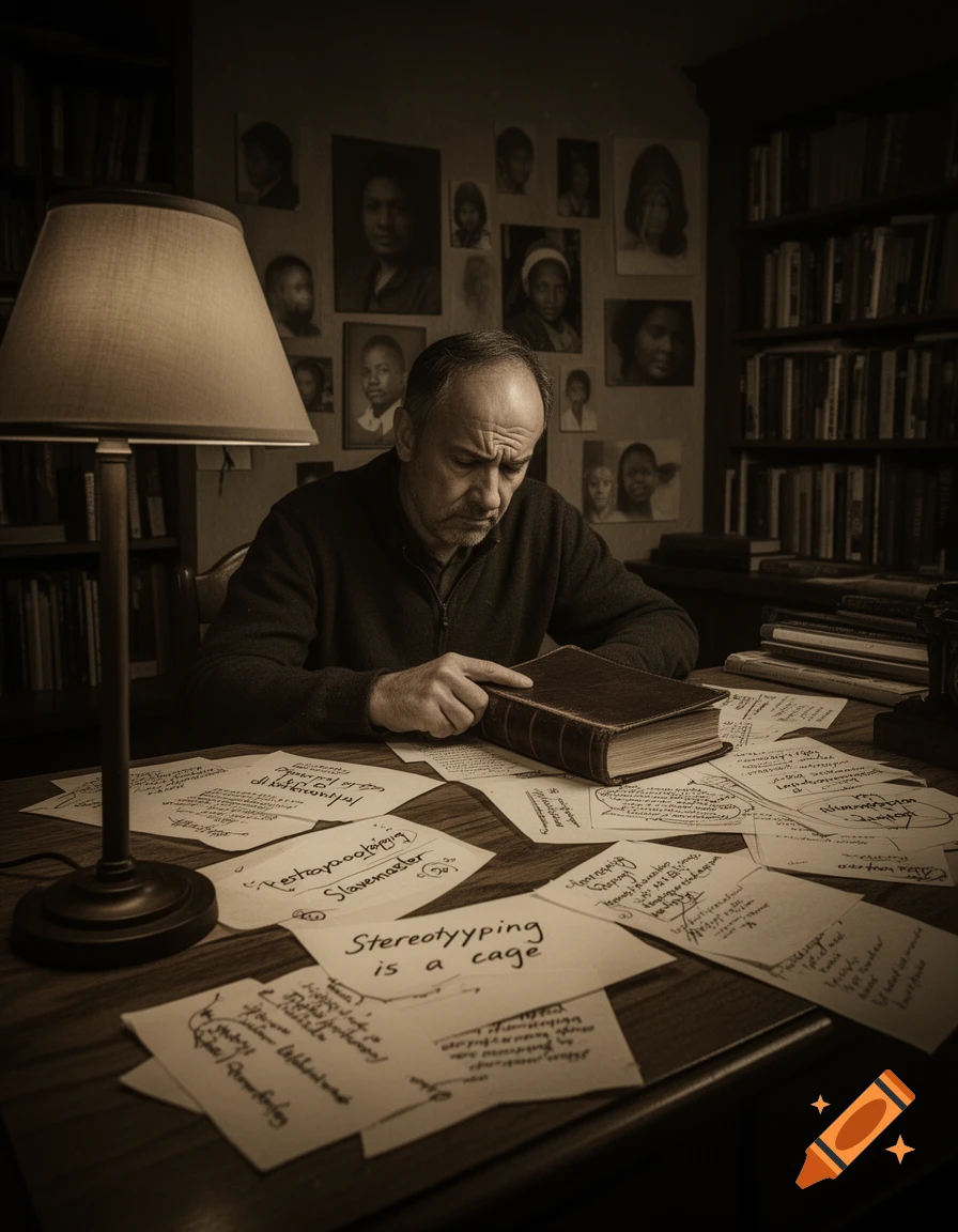 A man with a serious expression sits at a desk covered in papers with handwritten notes, including "Stereotyping is a cage," next to a large book and lamp, with portraits on the wall.