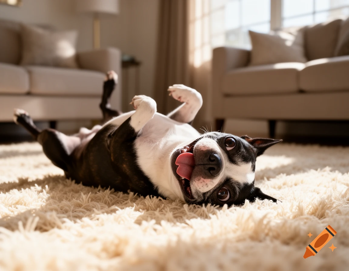 A happy Boston Terrier lies on its back on a shaggy cream carpet, looking up with its tongue out in a sunlit room.
