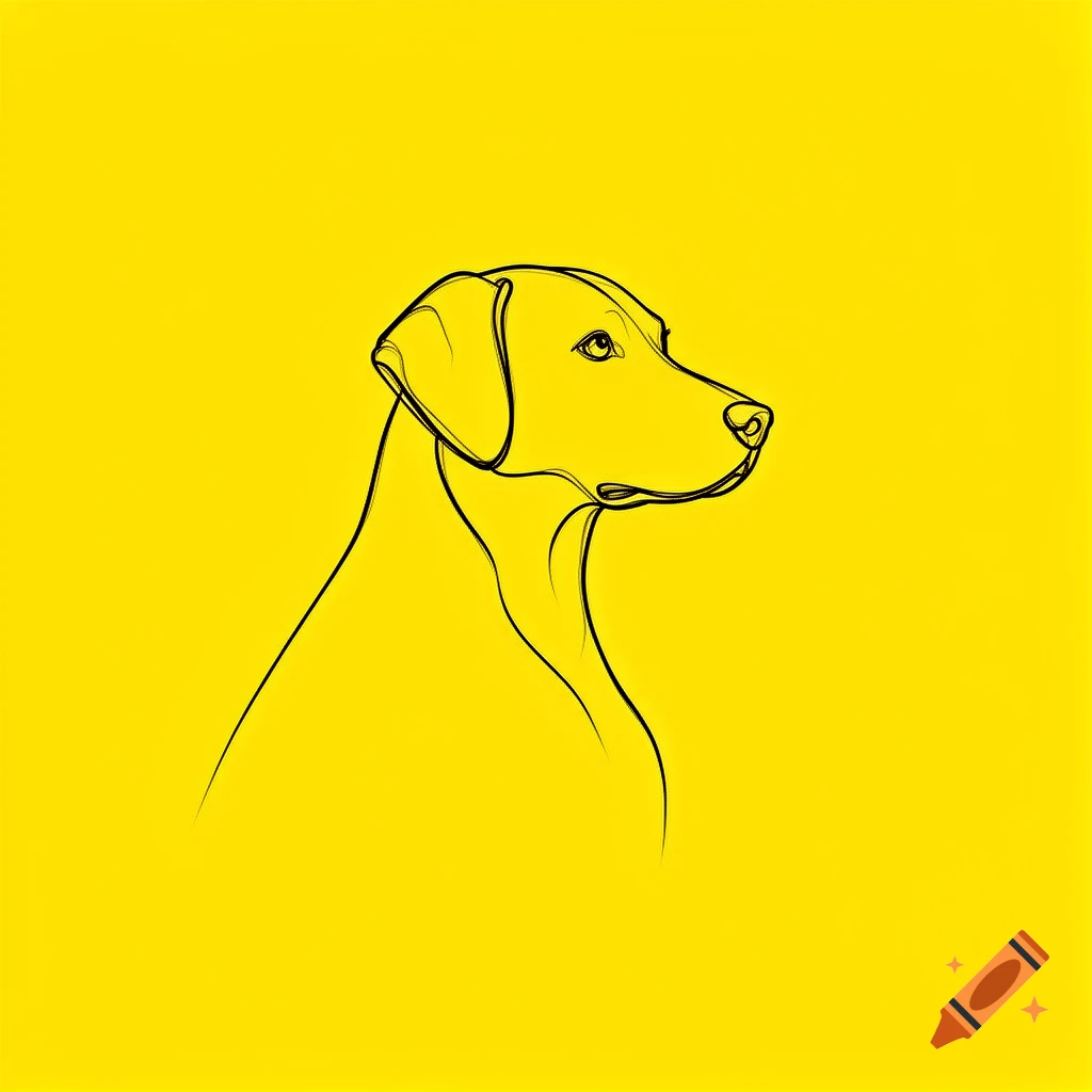 Minimalist line drawing of a dog's head and shoulders on a bright yellow background.