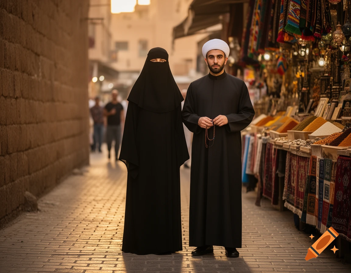 A woman in a black niqab and a man in traditional black thobe and white turban stand in a sunlit Middle Eastern marketplace.
