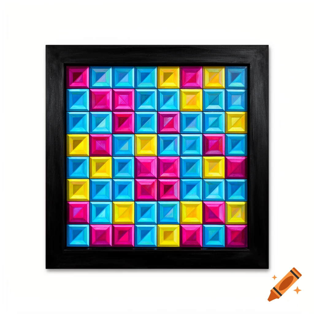 A black-framed artwork displays a vibrant 6x6 grid of raised square tiles in blue, yellow, and magenta.