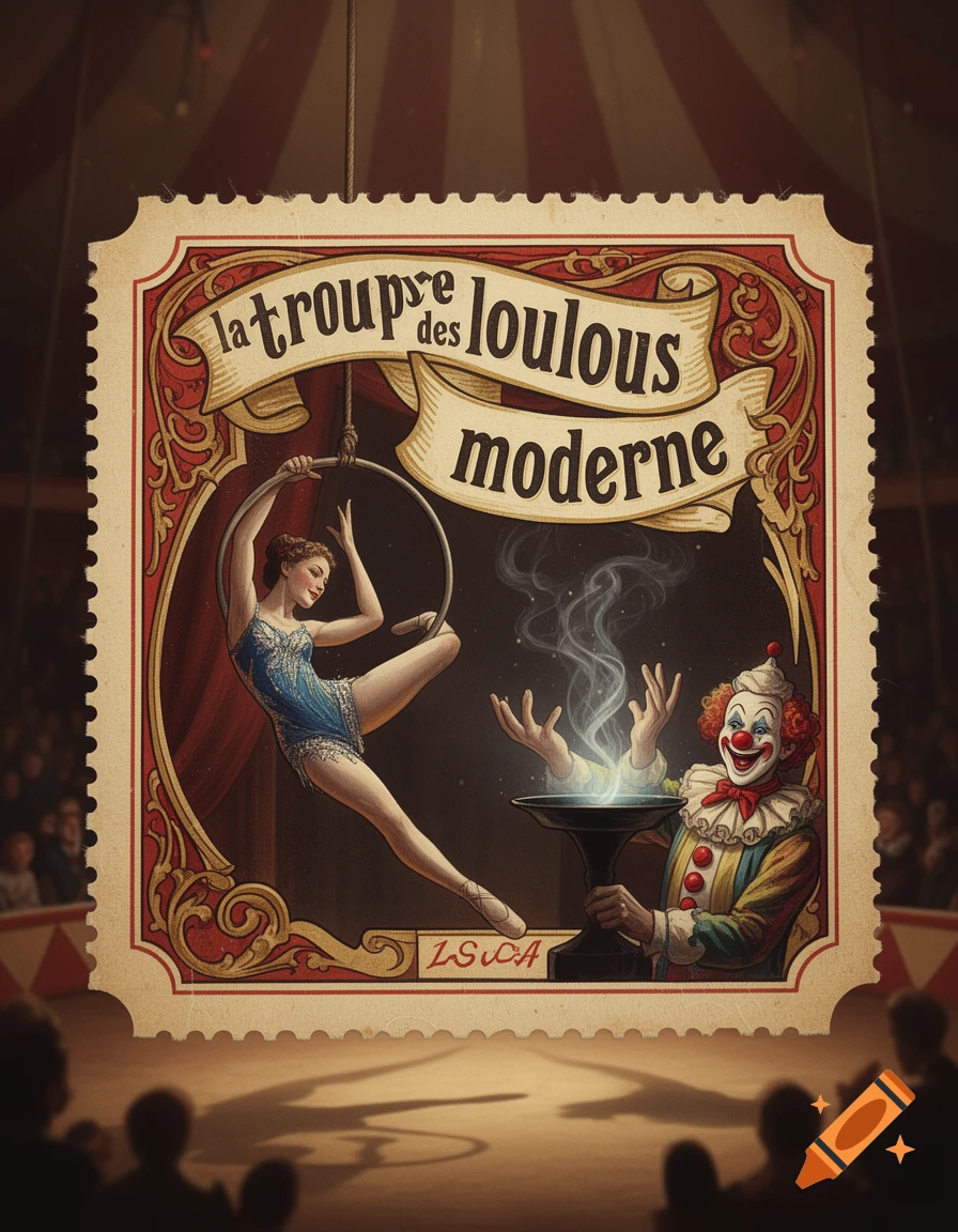 Vintage circus poster featuring an aerialist on a hoop and a clown performing magic, with text 'la troupe des loulous moderne'.