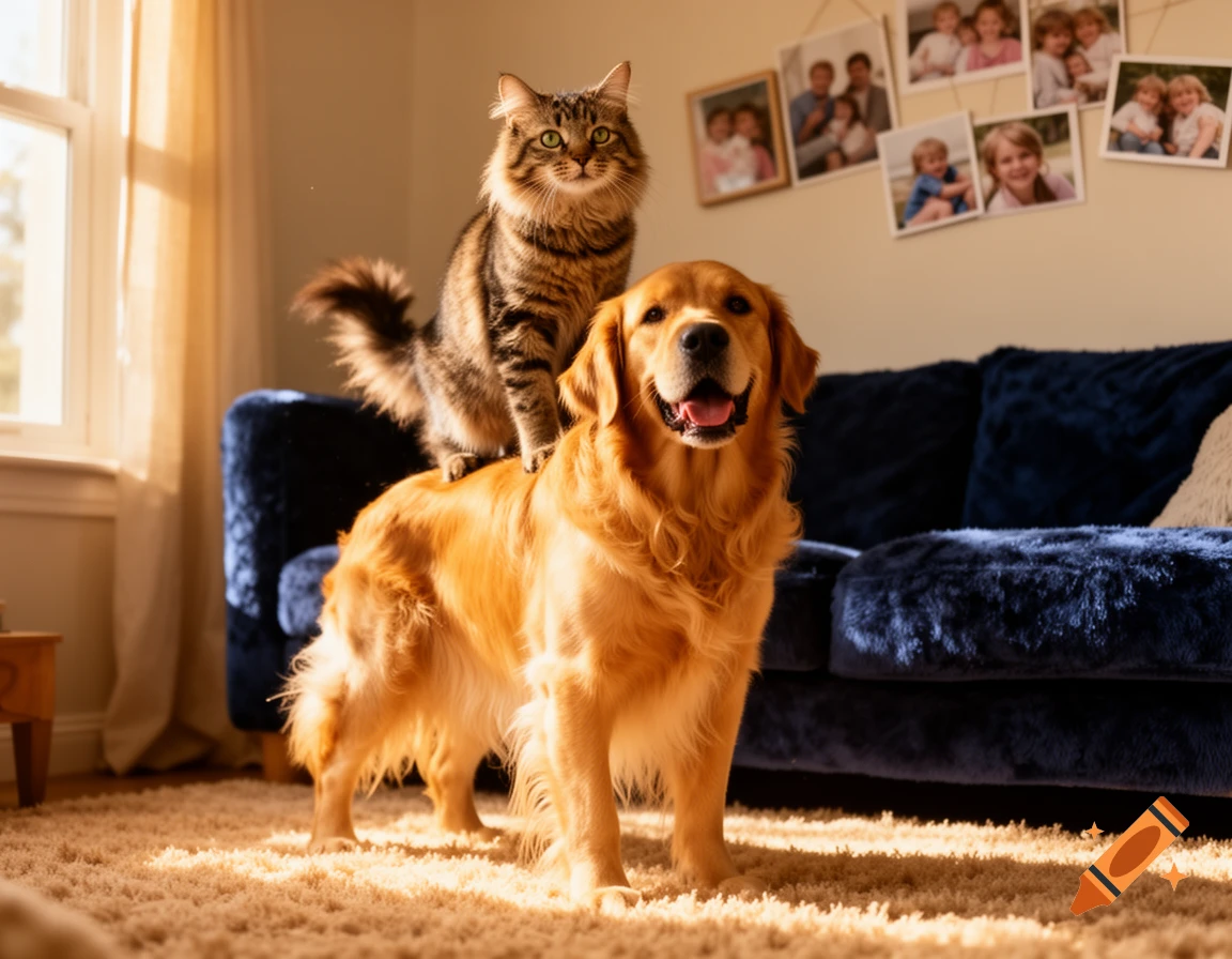 A tabby cat stands on the back of a golden retriever in a sunlit living room with a blue couch.