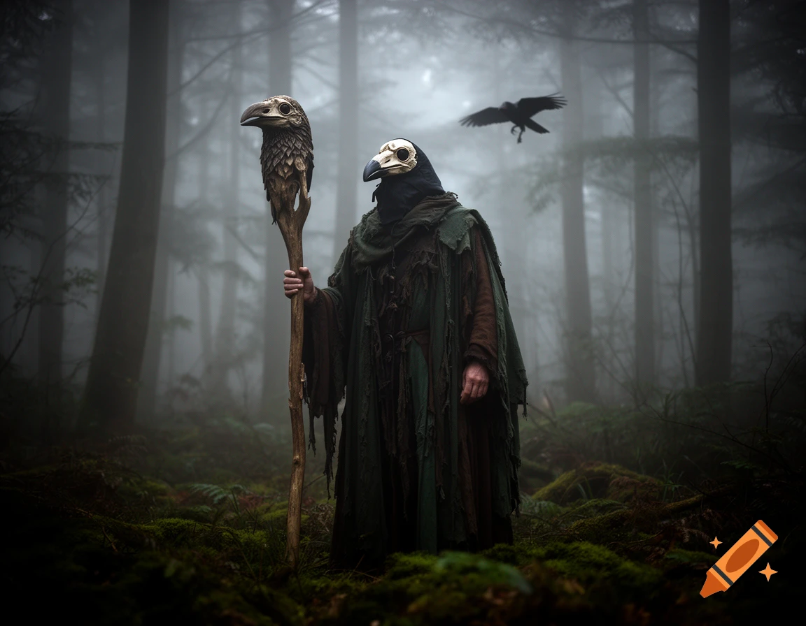 A figure in a crow skull mask and tattered robes stands in a foggy forest, holding a staff topped with a crow skull, with a crow flying overhead.