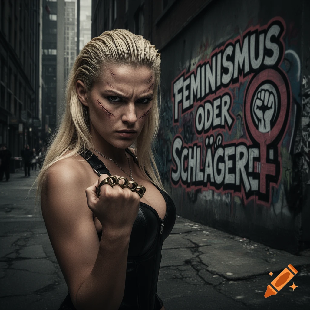 Fierce blonde woman with facial scars and brass knuckles, wearing a black leather top, in a dark urban alley with graffiti.