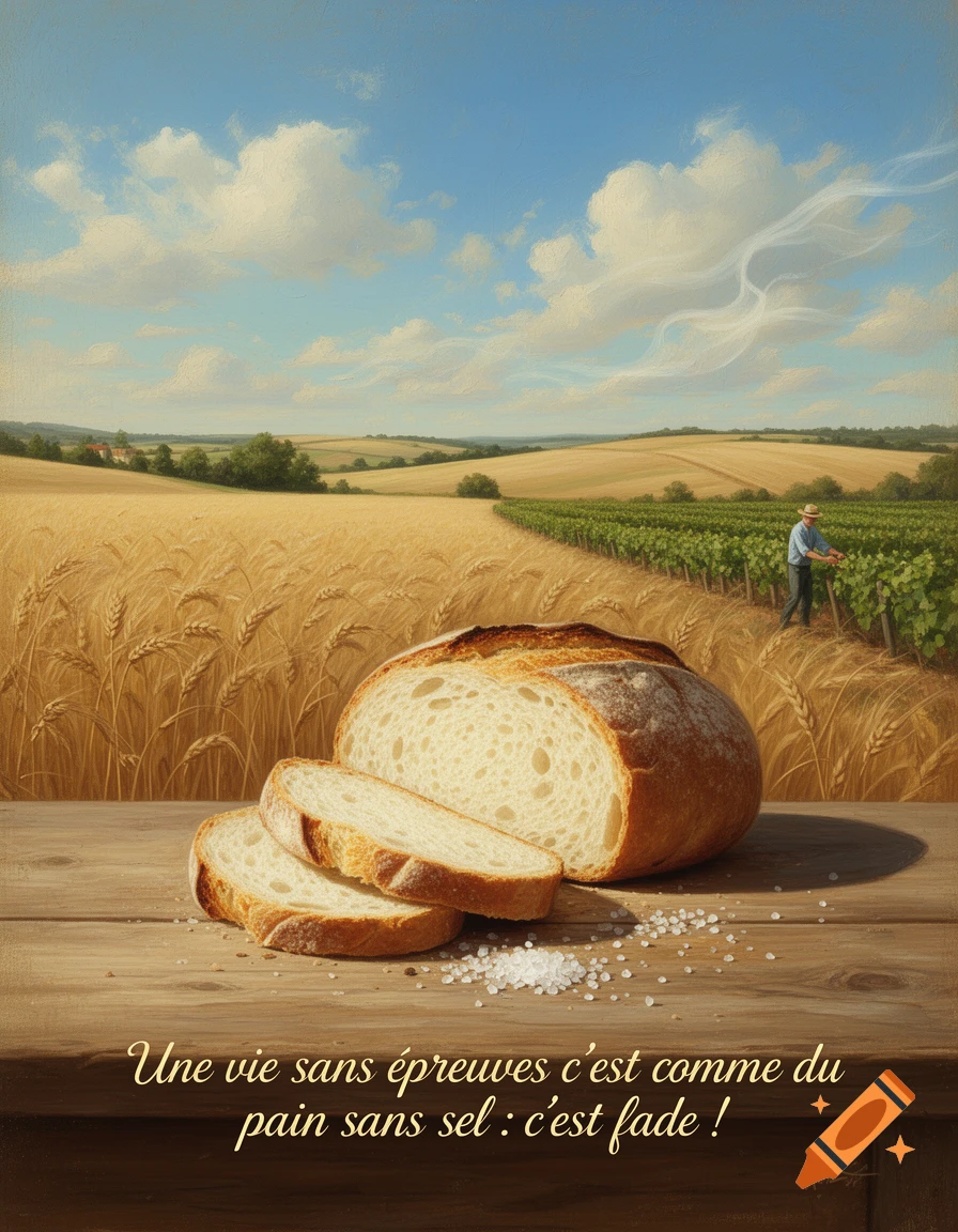 An illustration of sliced bread and salt on a wooden table, in front of a golden wheat field and vineyard, with a French quote.
