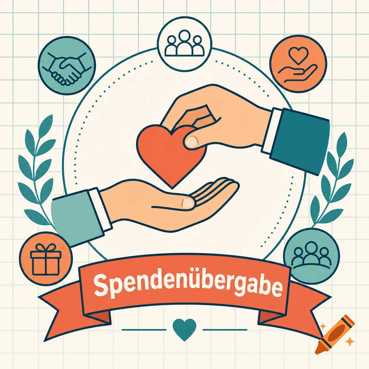 An illustration depicting two hands exchanging a heart, surrounded by icons of a handshake, community, and a gift, with a banner saying 'Spendenübergabe'.