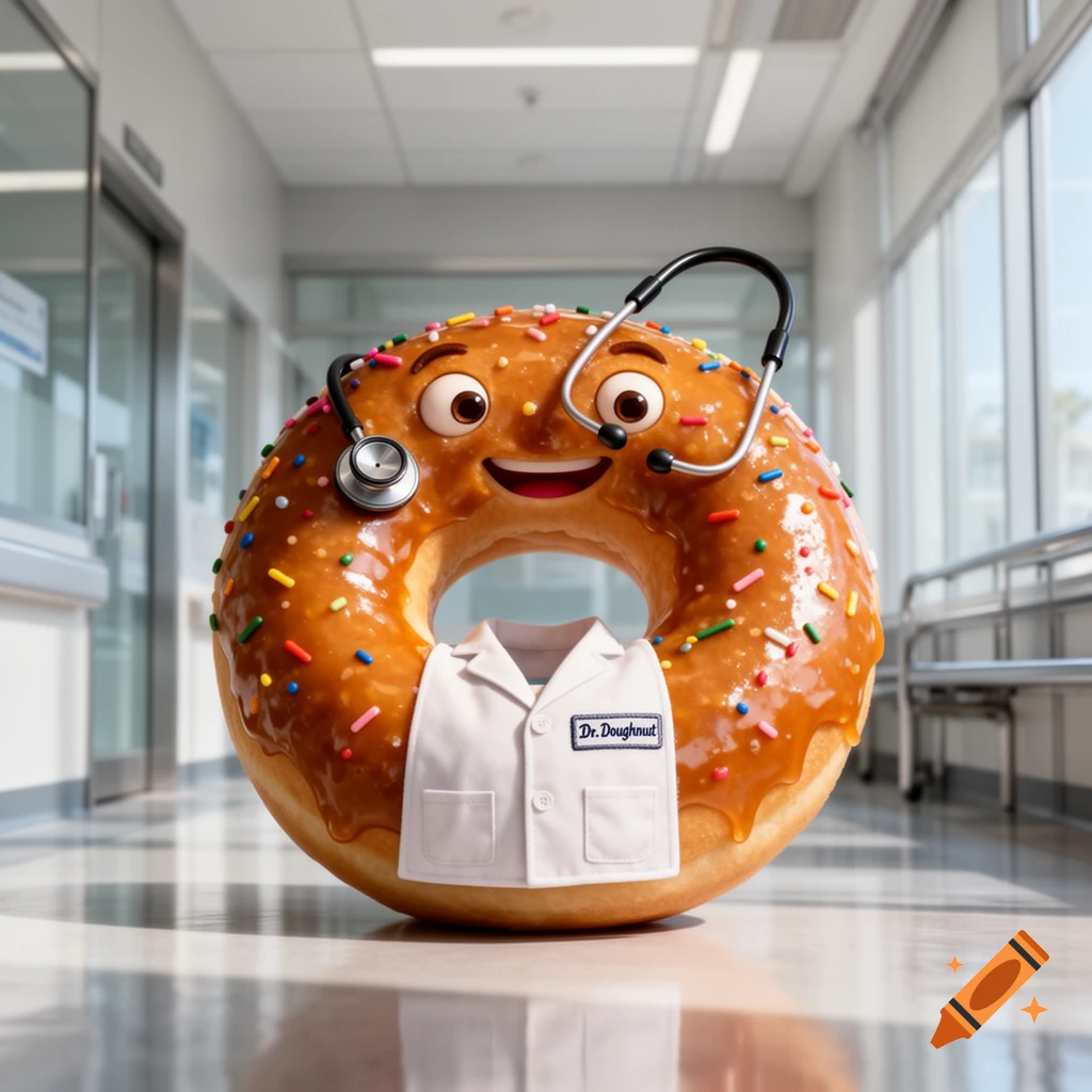 A happy, photorealistic cartoon donut doctor with a lab coat and stethoscope stands in a hospital hallway.