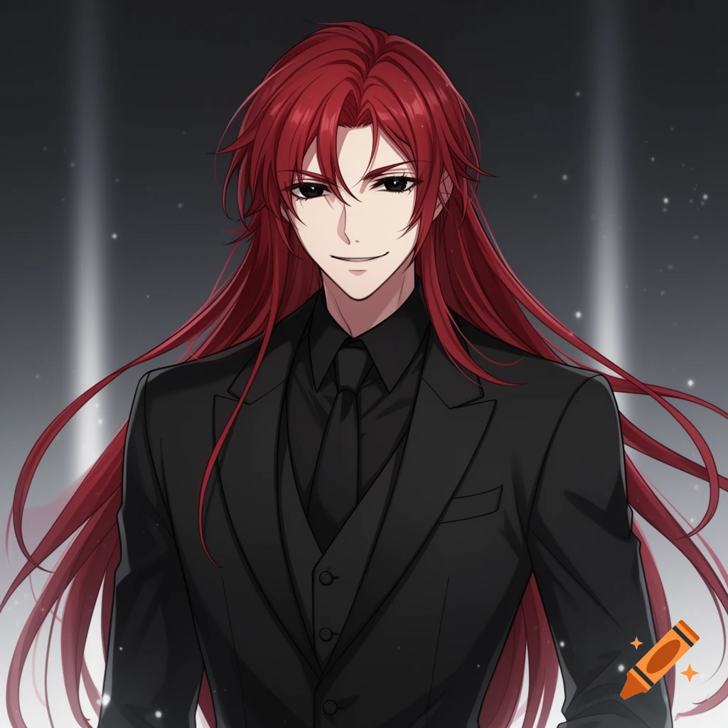 Anime man with long red hair, black eyes, wearing a black suit and smirking in anime style.