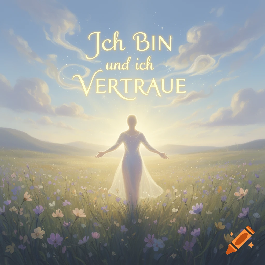 A luminous figure stands in a field of wildflowers under a glowing sky, with the German text 'Ich BIN und ich VERTRAUE' (I AM and I TRUST) above.
