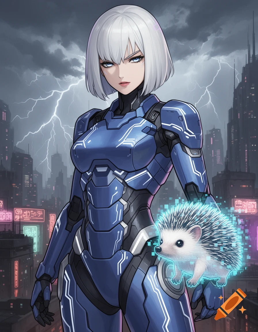 Anime character with white bob hair in blue power armor, holding a glowing digital hedgehog. A cyberpunk city with lightning is in the background.