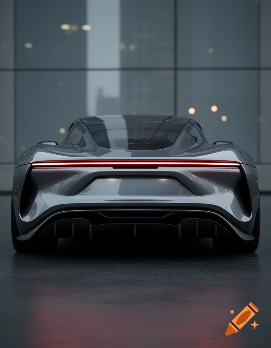 Rear view of a sleek gray modern sports car with a glowing red taillight bar, parked in front of a glass building.